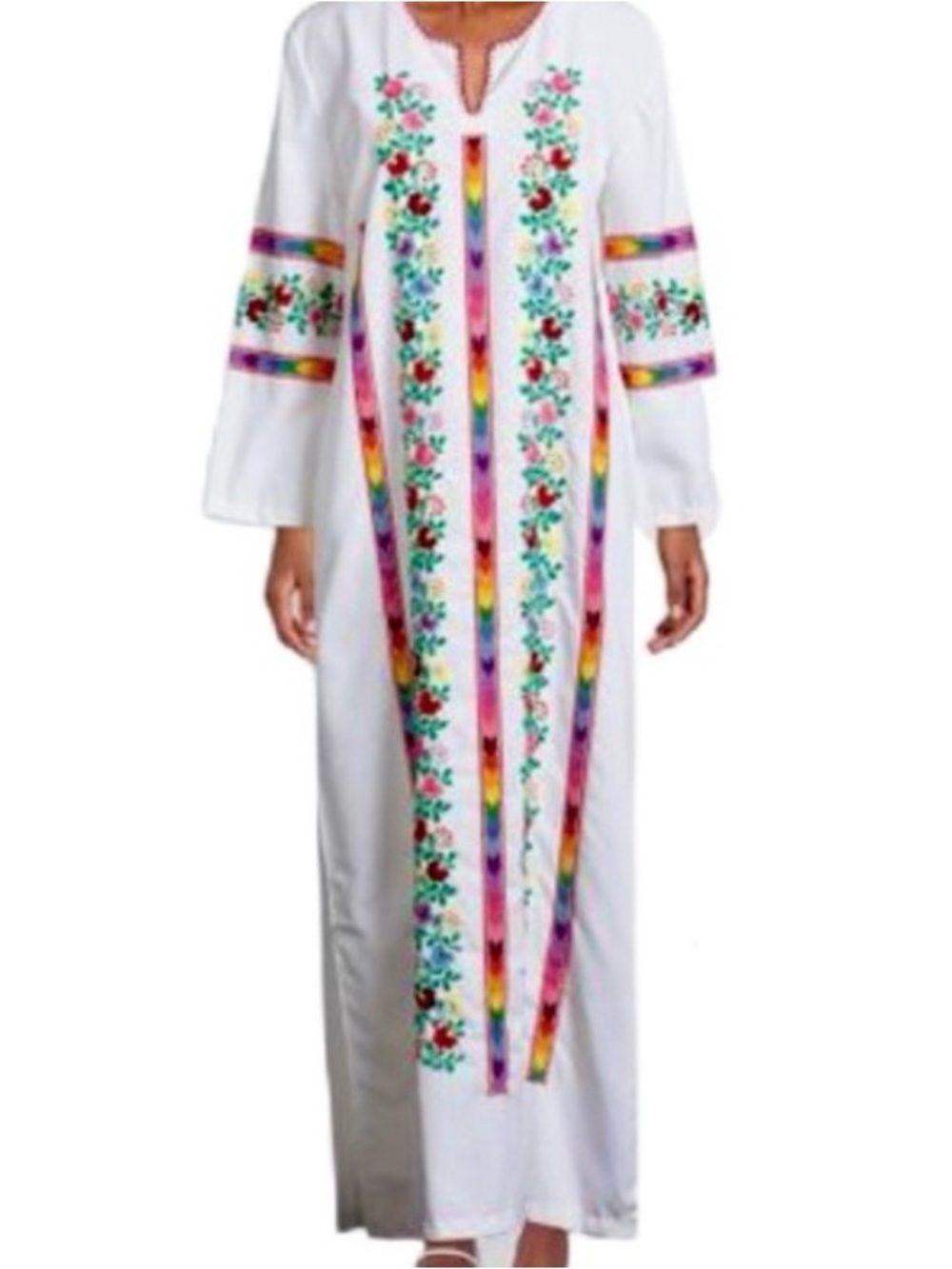 Muzunga Sisters Handcrafted White with Multi Embroidered Kaftan